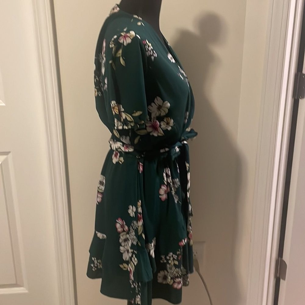 Purple Snow Forest Green Floral Wrap Mini Dress Puff Sleeve RSA4949 Womens XL - Picture 4 of 7